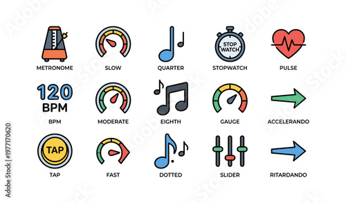 Musical tempo icons with metronome stopwatch and bpm gauge