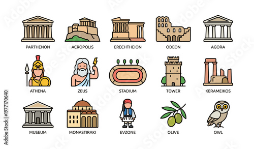 Illustrated icons of ancient greek architecture and culture