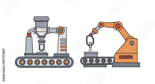 Industrial robotic arms on conveyor belts in a factory setting.