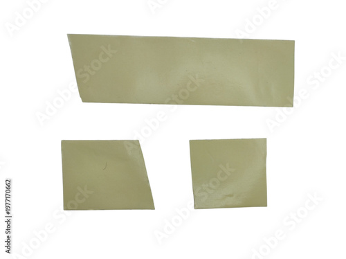 Three pieces of yellow or beige adhesive tape of varying shapes. Design element with copy space, isolated on a transparent background.