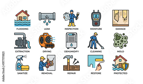 Flooding water damage restoration and mold removal icons set