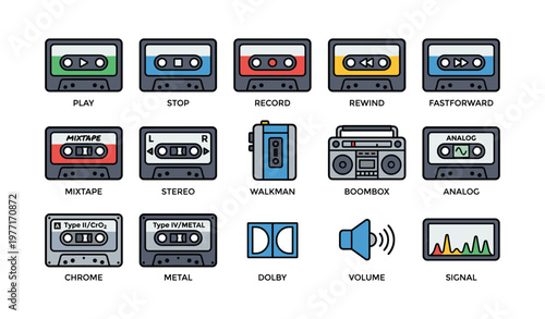 Colorful audio icons featuring cassettes, walkman, boombox, and controls