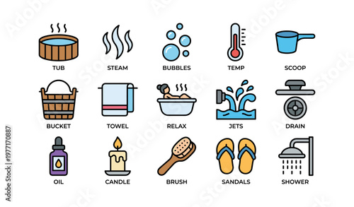 Spa and relaxation icons featuring tub, bubbles, and candle
