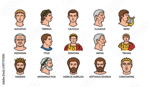 Roman emperors illustrations collection: augustus, nero, constantine, vespasian, hadrian