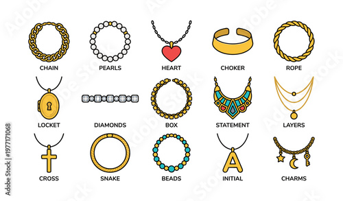 Collection of stylish necklaces: pearl, heart, choker, and more unique designs