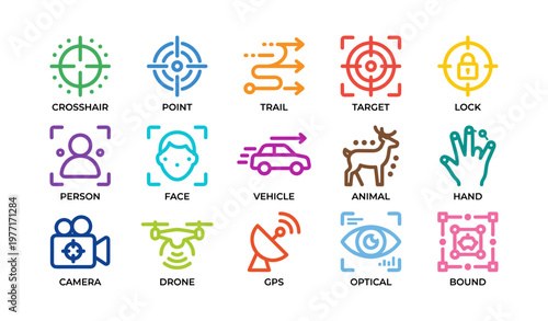 Icon set: crosshair, target, person, vehicle, animal, camera, gps, optical
