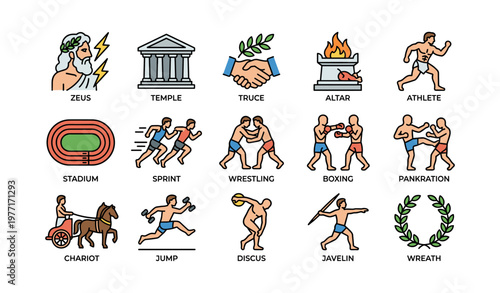 Ancient greek olympic sports icons: zeus, athletics, combat, and symbols