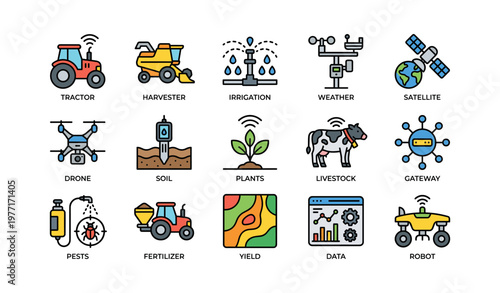 Smart farming icons: tractor, harvester, irrigation, drone, livestock, data, robot