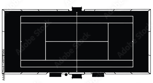 Overhead view of a rectangular tennis court with marked lines and net