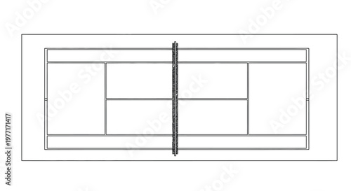 Aerial view of a rectangular tennis court with a black net outlined in white