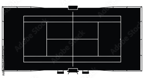 Overhead view of a black tennis court with white lines and umpire chairs