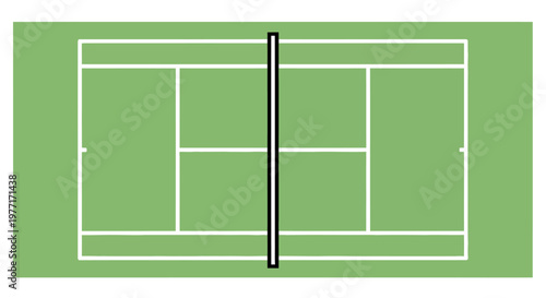Aerial view of a green tennis court with white lines and a black net