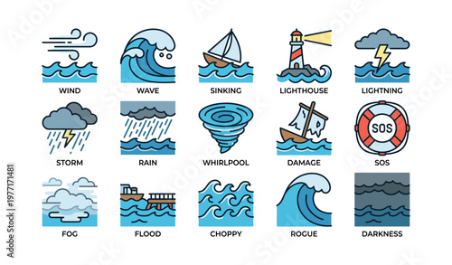 Nautical symbols depicting stormy sea conditions and maritime challenges