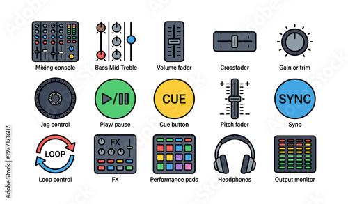 Audio equipment icons: mixing console, faders, headphones, play pause, cue, sync, loop