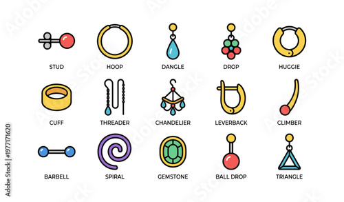 Colorful earring types: stud, hoop, dangle, drop, huggie, and more
