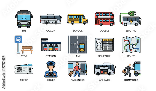 Public transportation icons featuring buses, stops, stations, and schedules