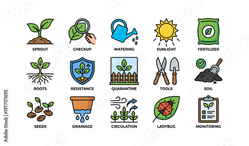 Gardening essentials icons including watering, sunlight, seeds, and tools
