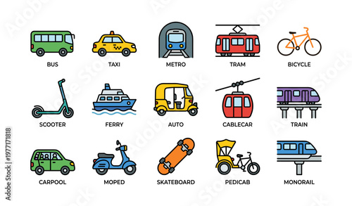 Colorful icons of various public and private transportation modes