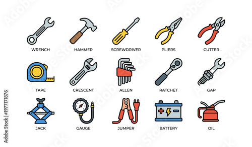 Colorful hand tools icon set featuring wrenches, hammer, pliers, and more