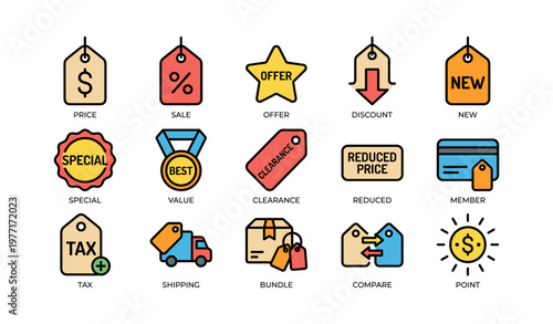 Colorful set of shopping icons featuring sale, discount, and membership symbols