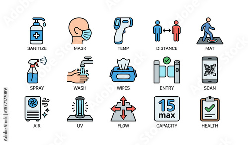 Health safety icons: sanitizer, mask, distance, scan, capacity limit, uv, air circulation
