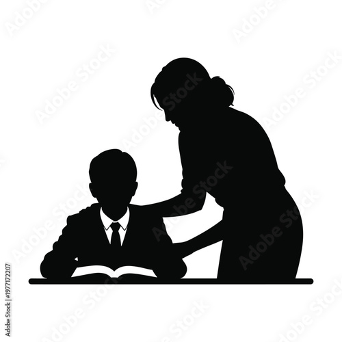 Silhouette of a teacher guiding a student studying a book, representing mentorship and education. black and white