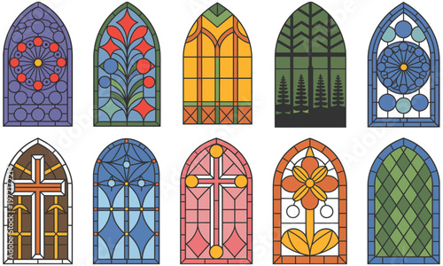 Gothic stained glass window vector collection with colorful medieval cathedral designs, ornate religious art elements, detailed decorative patterns and church illustration set