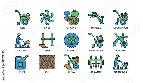Colorful farming equipment icons: tillers, cultivators, and gardening tools