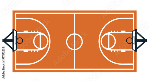 Overhead view of a basketball court with hoops and painted lines