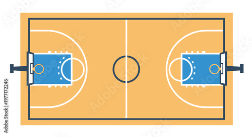 Overhead view of a basketball court with goals and markings