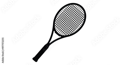 A simple black and white illustration of a tennis racket on a white background