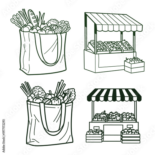 Hand drawn illustration of fresh produce market stands and shopping bags