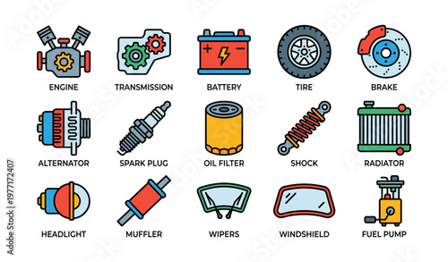 Colorful icons of automotive parts including engine, transmission, battery, tire, brake, and radiator