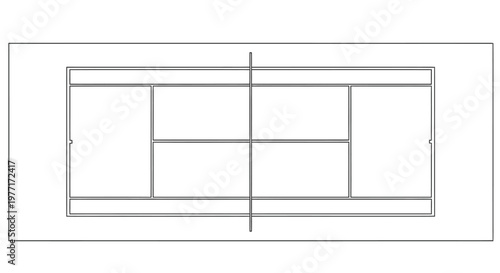 Overhead view of a rectangular tennis court with black lines on a white background