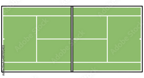 Overhead view of a green and white rectangular tennis court with marked lines