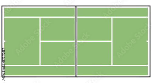 Overhead view of a green and white rectangular tennis court with marked lines