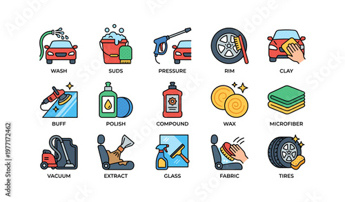 Car detailing tools and techniques illustrated in colorful icons