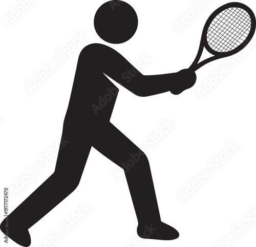 Black silhouette of a tennis player swinging racket, forehand motion, clean vector icon, solid black fill, minimal detail, isolated on transparent background