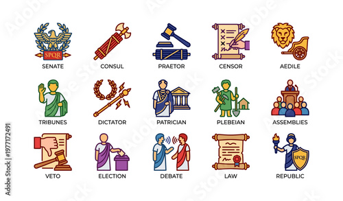 Ancient roman government symbols: senate, consul, praetor, and more