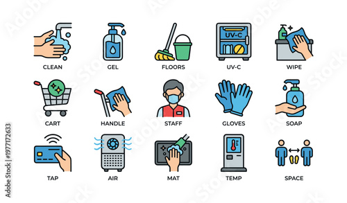 Hygiene icon set illustrating cleaning, disinfecting, and safety practices