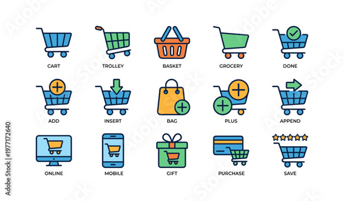 Shopping icons collection featuring carts baskets and online purchasing elements
