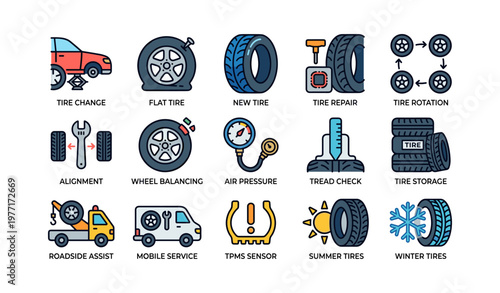 Auto maintenance icons: tire change, repair, rotation, balancing, seasonal tires