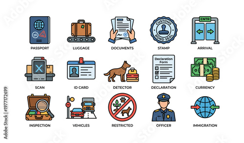 Travel and customs icons including passport, luggage, and currency