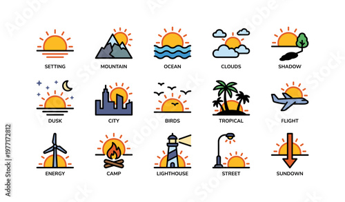 Colorful icon set depicting various landscapes and activities with sunset themes