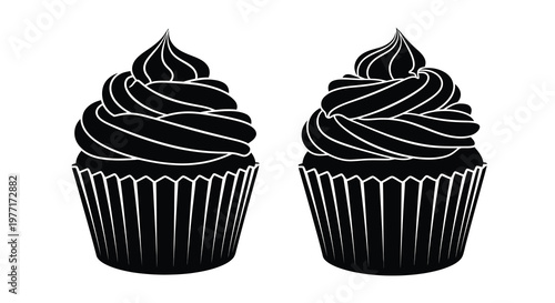 Two black and white illustrations of decorated cupcakes on a white background