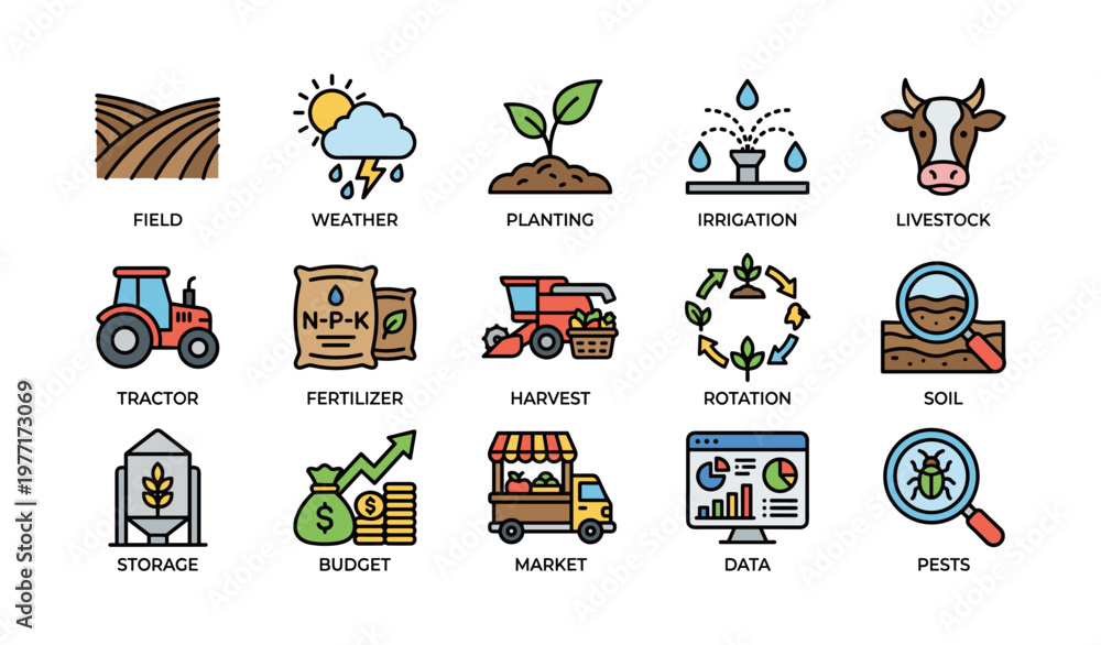 Naklejka premium Agricultural icons depicting processes and tools for effective farming
