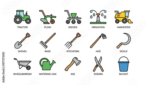 Agricultural tools icons: tractor, plow, seeder, irrigation, harvester, shovel, rake, pitchfork, hoe, sickle, wheelbarrow, watering can, axe, shears, bucket