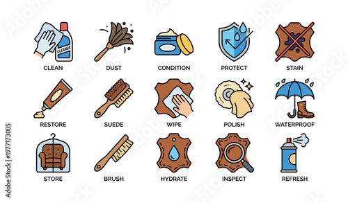Leather care icons featuring cleaning, conditioning, waterproofing, and maintenance tools