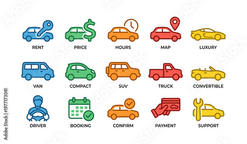 Colorful car rental icons illustrating vehicle types and services