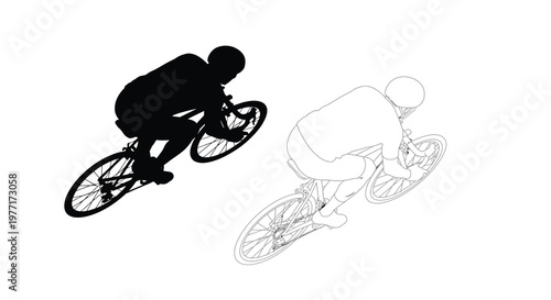 Two cyclists depicted in contrasting black and white line art styles